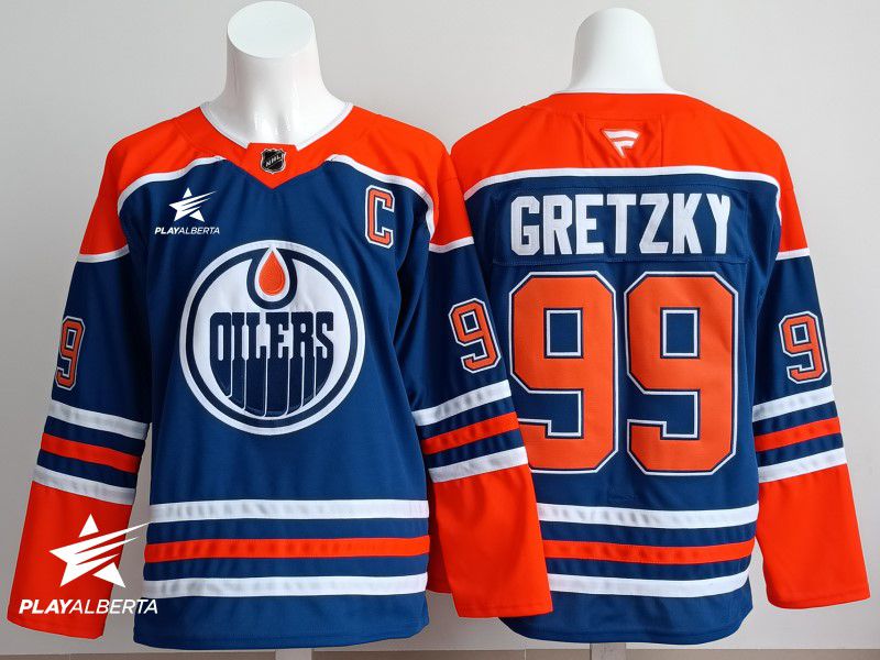 Men 2025 Edmonton Oilers 99 Gretzky Blue Fanatics Home Premium NHL Jersey style 2
